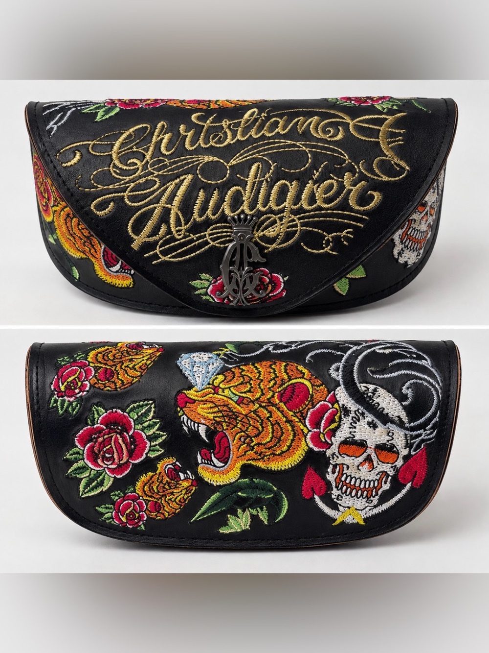 VTG Y2K Christian Audigier Ed Hardy Embroidered Tiger Skull Rose Sunglass CASE